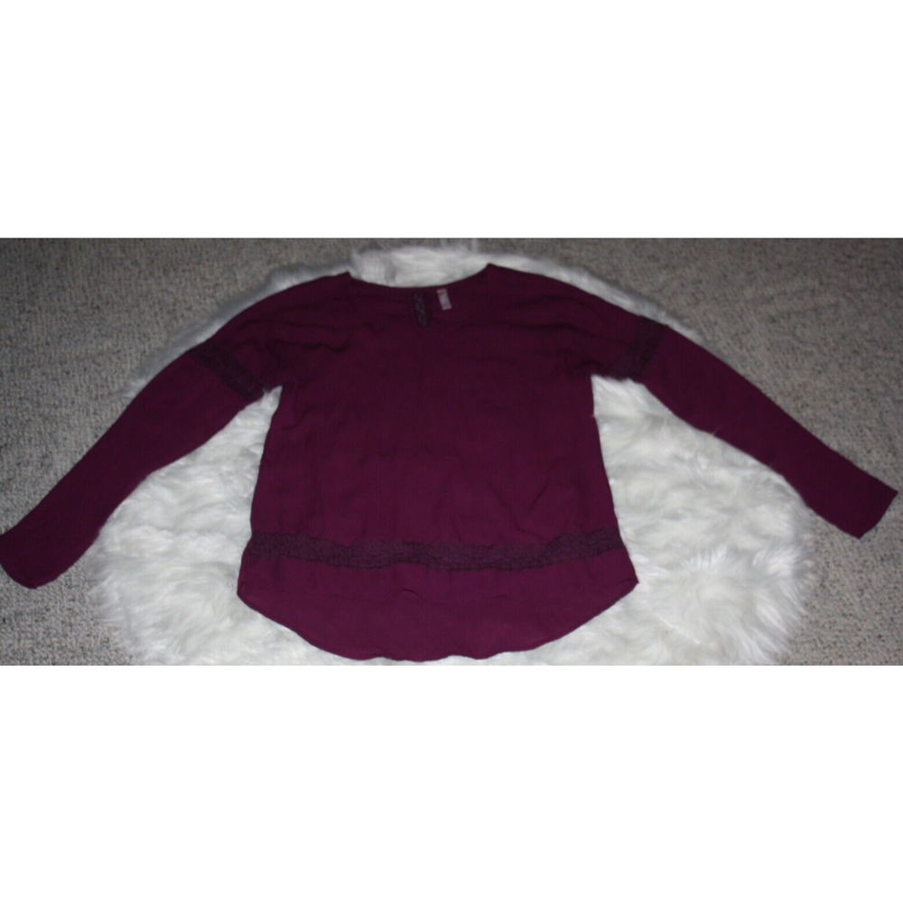 Xhilaration Women's LS Blouse Sz S/P Maroon Crochet Trim  Silky Sheer